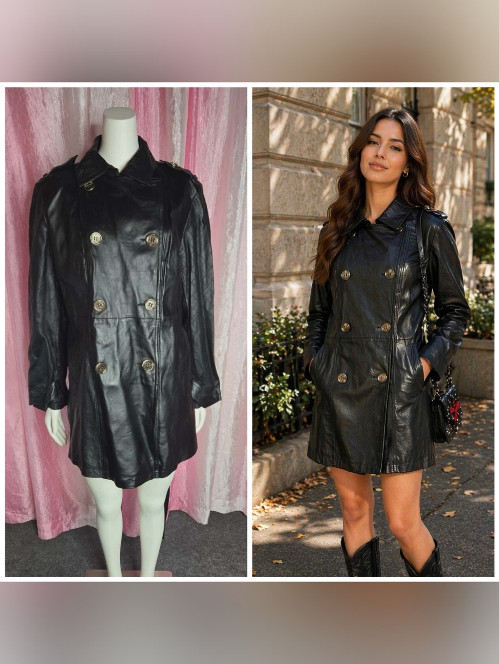 Iman Platinum Collection Gold Buttons Leather Trench Coat Size Large